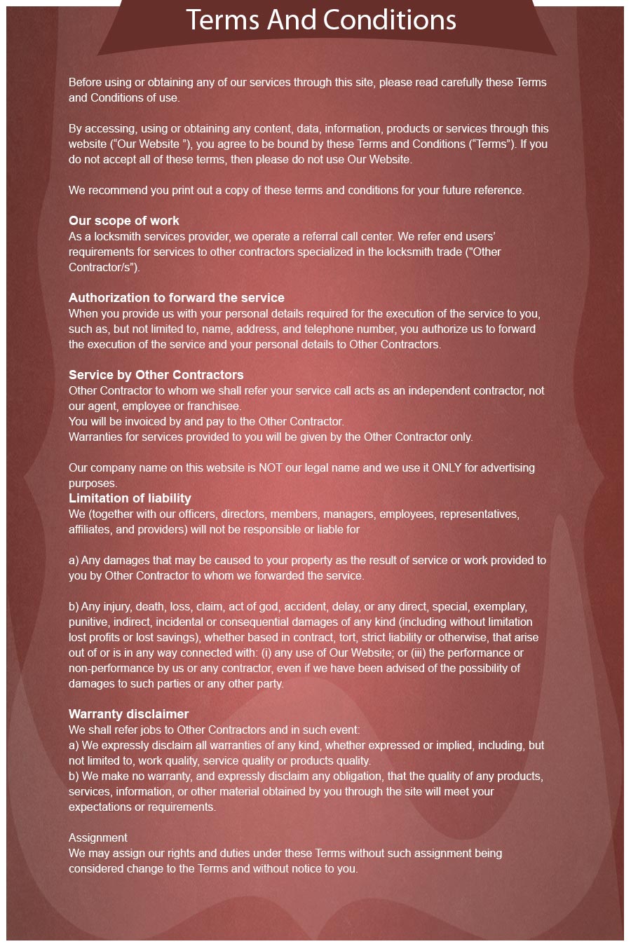 Sun City Locksmith Store Terms and Conditions